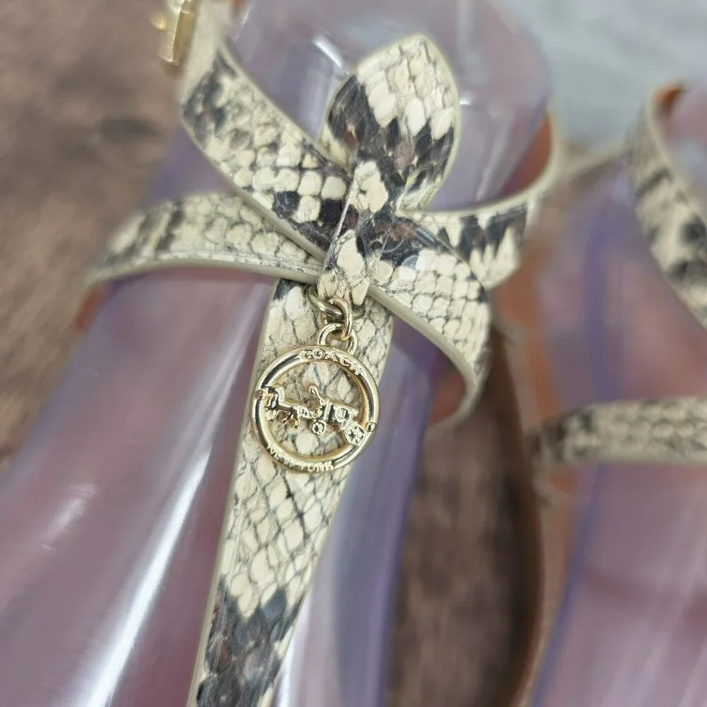 Coach Lydia T Strap Sandals 11 Snake Print Ankle Buckle Logo Strappy Flat Beachy
